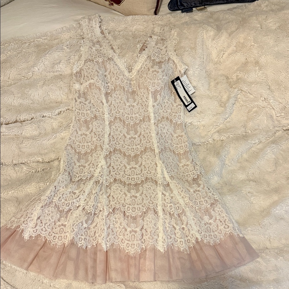 Betsy Adam Elegant Lace Dress with Chiffon Blush lace hem